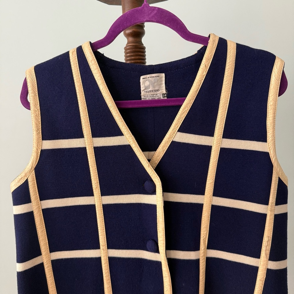 Vintage Neusters Navy Grid Vest Cream Trim Button Front Size L - Picture 3 of 13